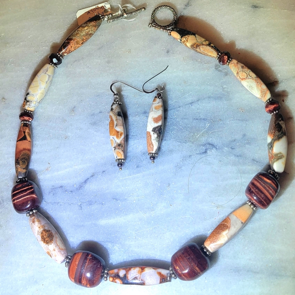 Rhylolite Tiger Eye Sterling 925 Necklace 19" Earrings Set - Picture 6 of 6